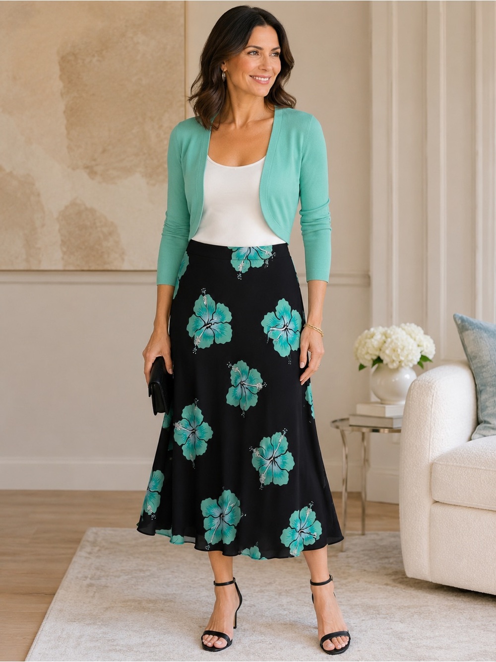 RIXO Black A-Line Midi Skirt with Teal Floral Print